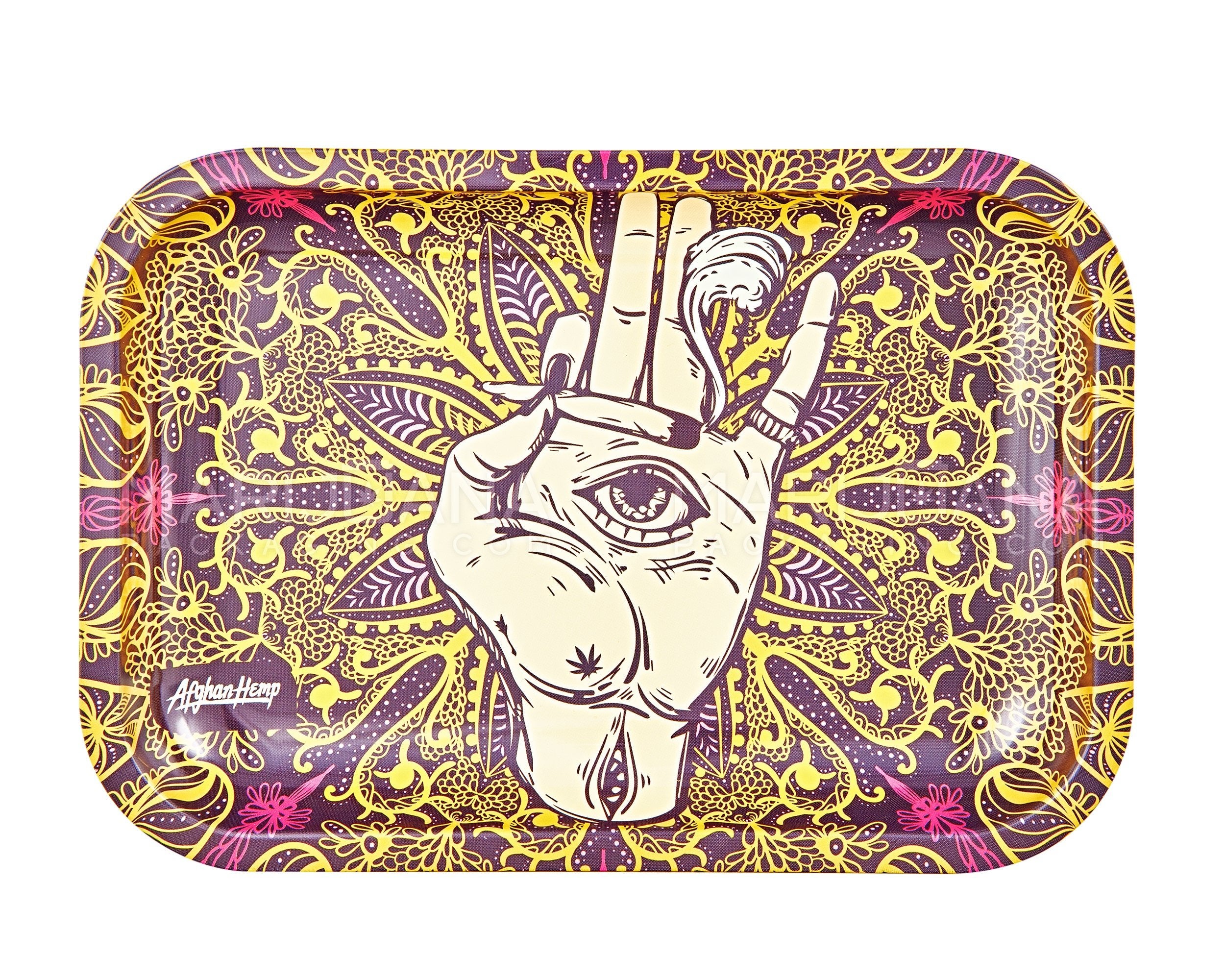 AFGHAN HEMP | Assorted Hamsa Hand Rolling Tray Kit w/ Hemp Rolling Papers & Wick | 6in x 9in - Small - Metal - 3