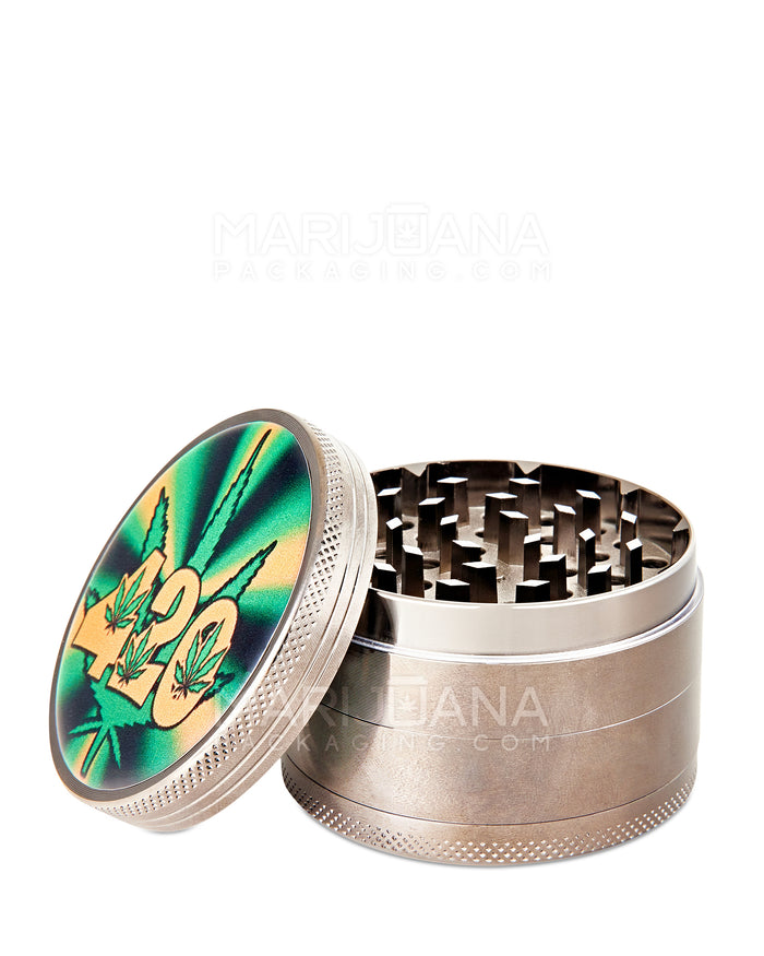 420 Leaf Decal Magnetic Metal Grinder w/ Catcher | 4 Piece - 63mm - Gunmetal Image