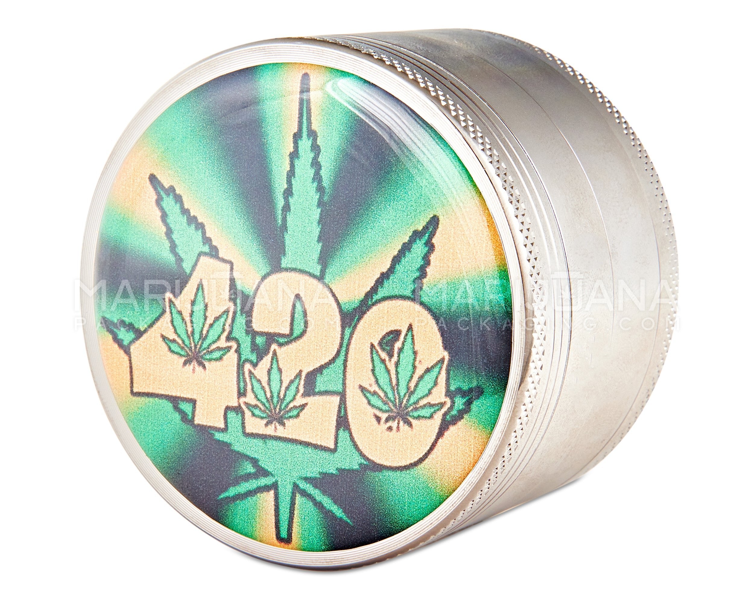 420 Leaf Decal Magnetic Metal Grinder w/ Catcher | 4 Piece - 63mm - Gunmetal - 4