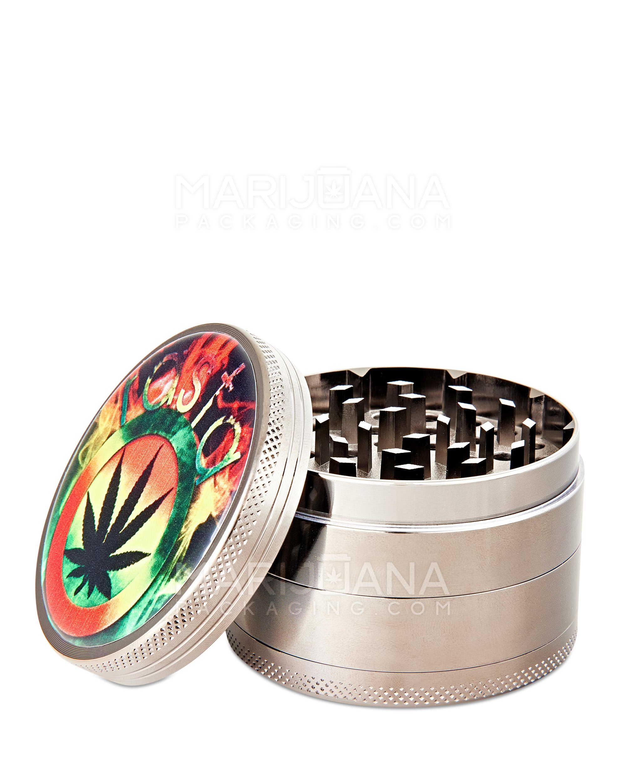 Rasta Leaf Decal Magnetic Metal Grinder w/ Catcher | 4 Piece - 63mm - Gunmetal - 1