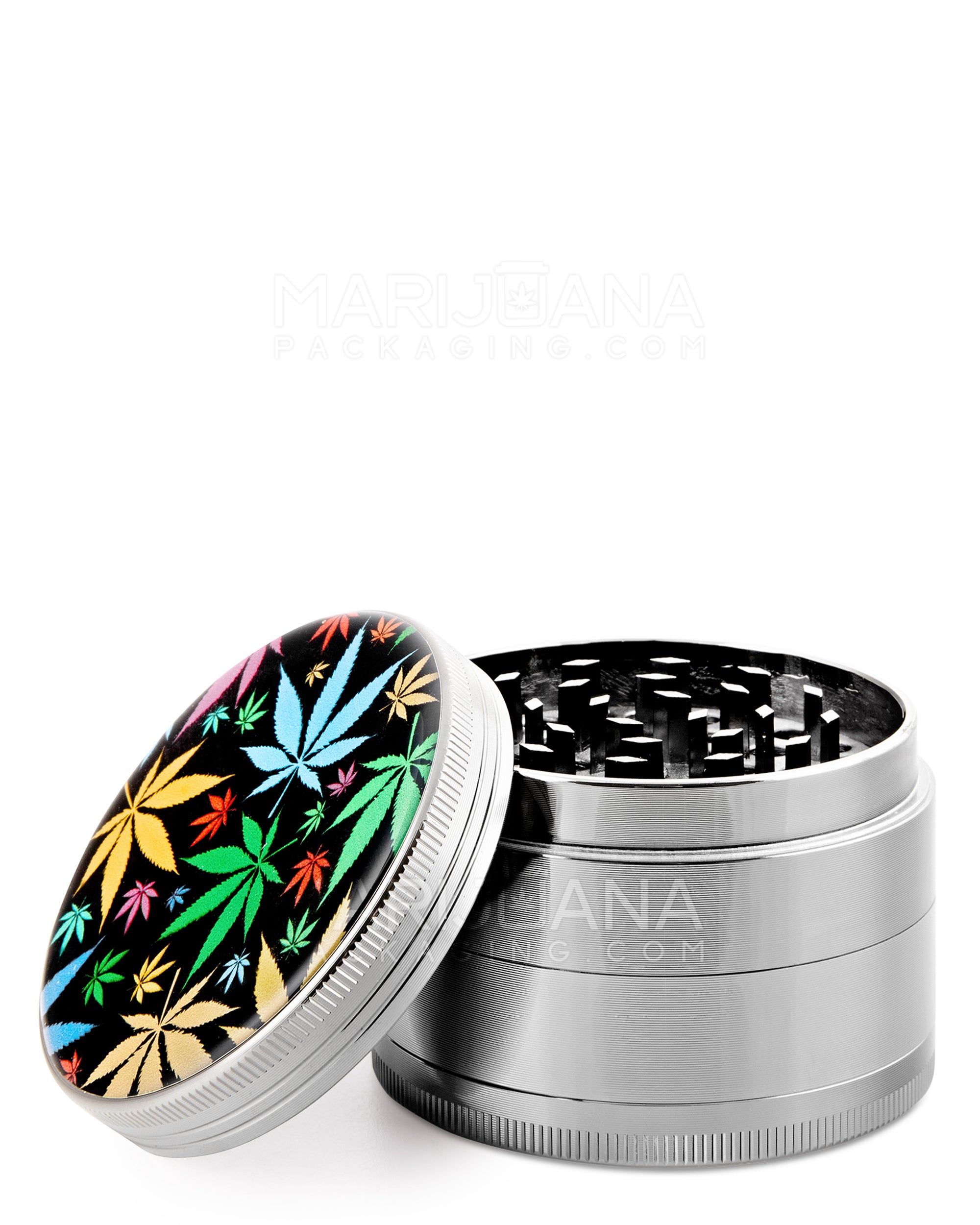 Leaf Design Magnetic Metal Grinder w/ Catcher | 4 Piece - 63mm - Silver