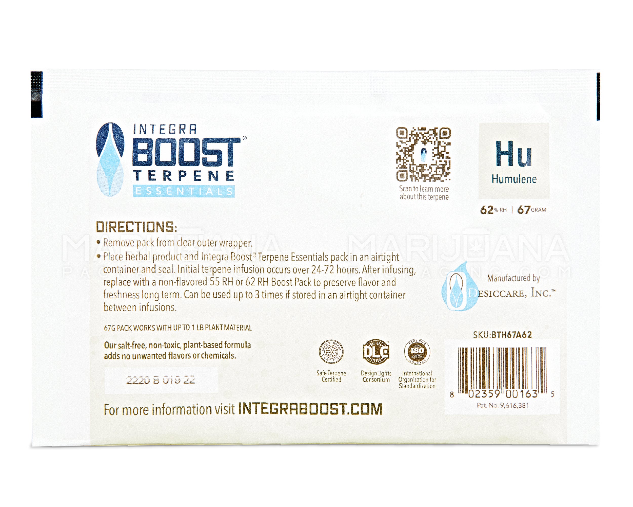 INTEGRA | 'Retail Display' Boost Terpene Essentials Humulene Humidity Pack | 67 Grams - 62% - 12 Count - 3