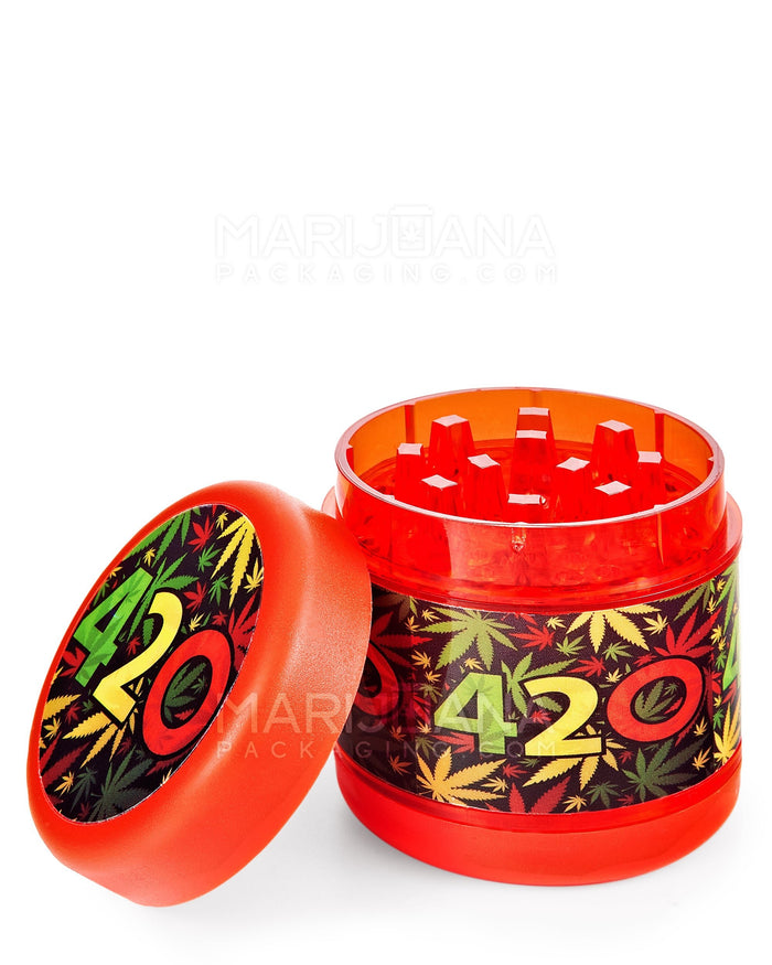 420 Decal Magnetic Plastic Grinder w/ Screen Catcher | 4 Piece - 54mm - Red Image