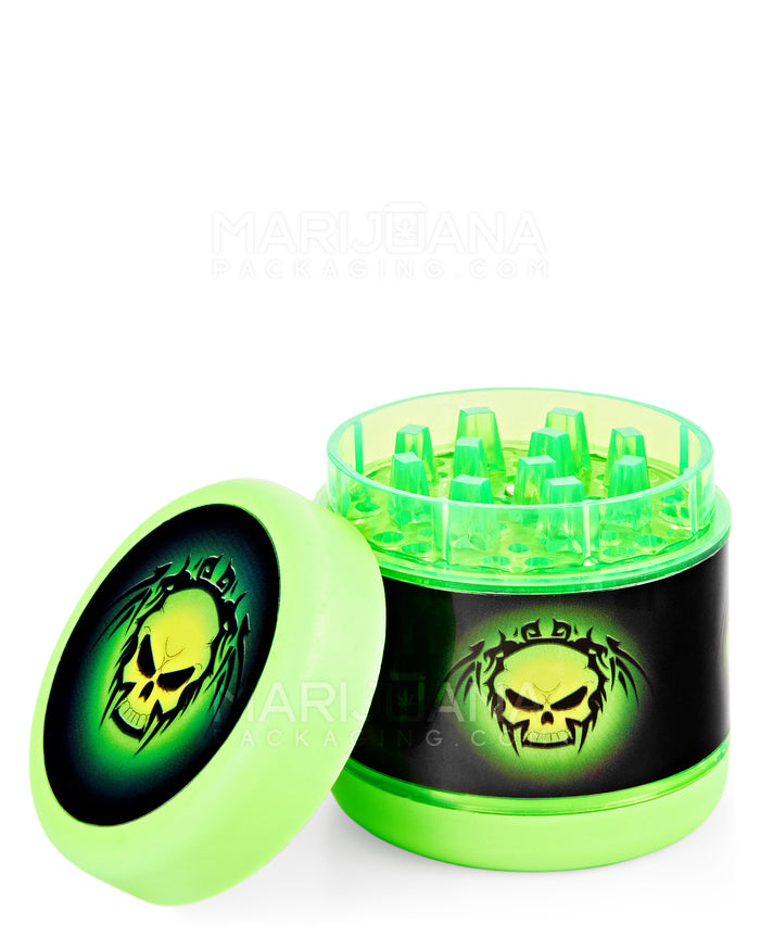 Skull Decal Magnetic Plastic Grinder w/ Screen Catcher | 4 Piece - 54mm - Green Image