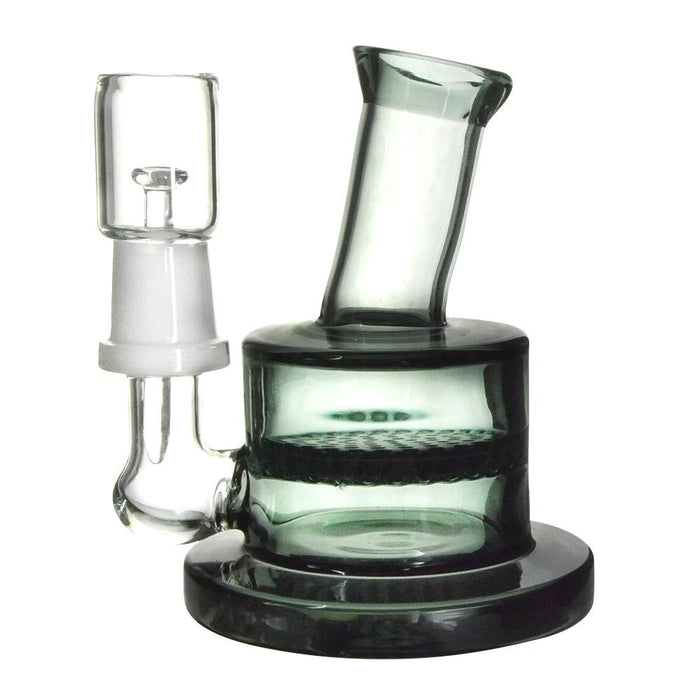 Angled Neck Honeycomb Perc Glass Dab Rig w/ Thick Base | 4in Tall - 14mm Dome & Nail - Black Image