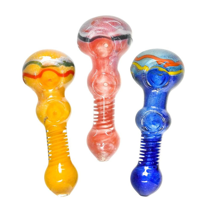 Double Bowl | Frit & Spiral Glass Hand Pipe w/ Swirls | 4.5in Long - Glass - Assorted Image