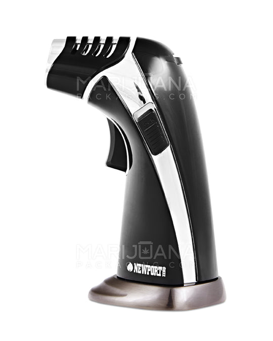 NEWPORT | Triple Flame Torch w/ Adjustable Flame | 6in Tall - No Butane - Black & Silver