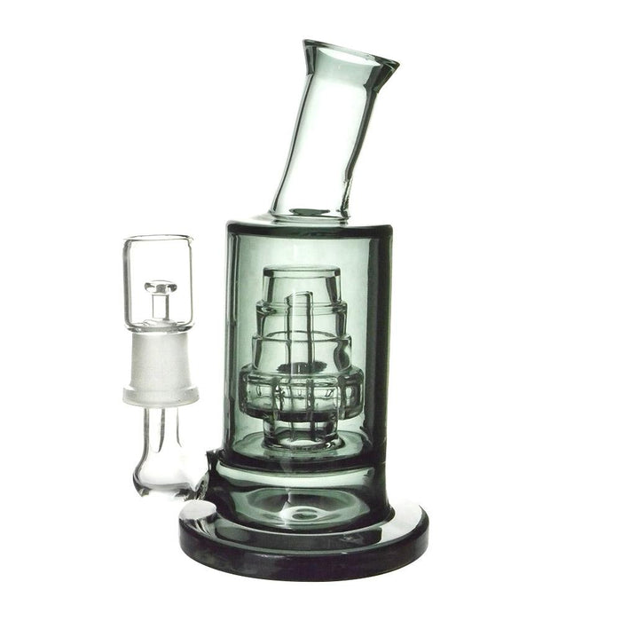 Angled Neck Cake Perc Glass Dab Rig w/ Thick Base | 6in Tall - 14mm Dome & Nail - Black Image