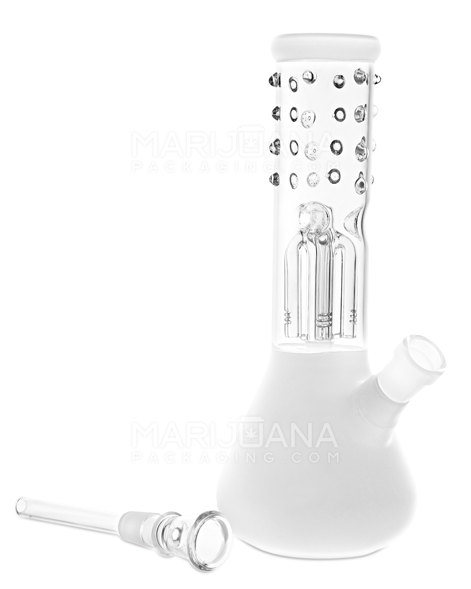 Glow-in-the-Dark | Straight Neck Tree Perc Beaded Glass Beaker Water Pipe w/ Ice Catcher | 8in Tall - 14mm Bowl - White - 2