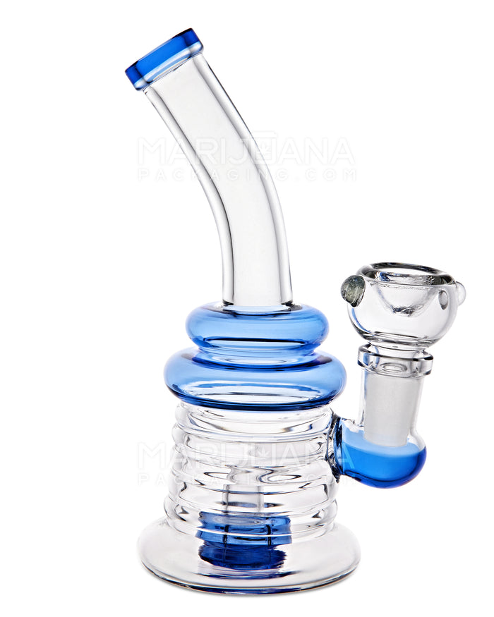 Bent Neck Showerhead Perc Ribbed Glass Water Pipe | 6in Tall - 14mm Bowl - Blue Image