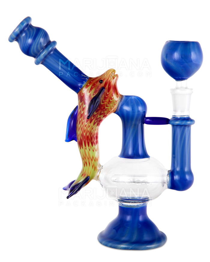 Heady | Angled Neck Inline Perc Raked & Color Pull Glass Dolphin Water Pipe | 7.5in Tall - 14mm Bowl - Assorted Image