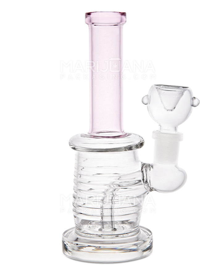 Straight Neck Ribbed Glass Water Pipe w/ Thick Base | 6in Tall - 14mm Bowl - Pink Image