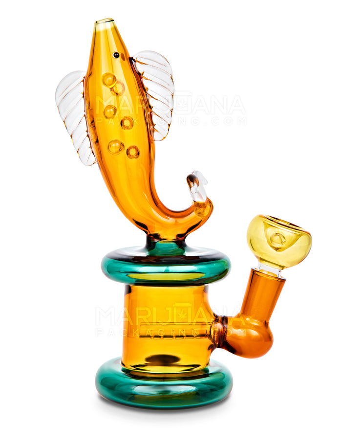 Fish Neck Inline Perc Glass Water Pipe w/ Thick Base | 7.5in Tall - 14mm Bowl - Amber Image