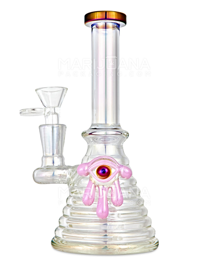 Straight Neck Diffused Perc Glass Ribbed Beaker Water Pipe w/ Pink Evil Eye | 7.5in Tall - 14mm Bowl - Iridescent Image