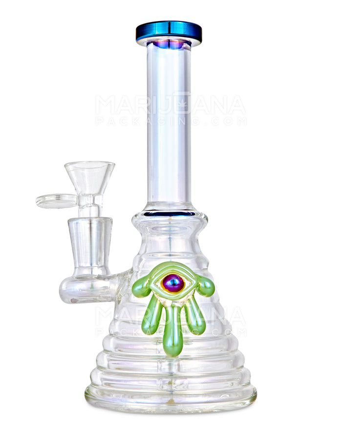 Straight Neck Diffused Perc Glass Ribbed Beaker Water Pipe w/ Green Evil Eye | 7.5in Tall - 14mm Bowl - Iridescent Image