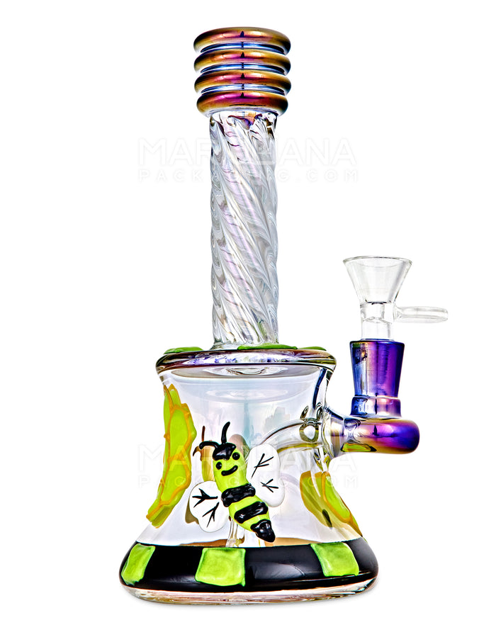 Spiral Neck Diffused Perc Honey Bee Glass Bell Water Pipe | 8in Tall - 14mm Bowl - Iridescent Image