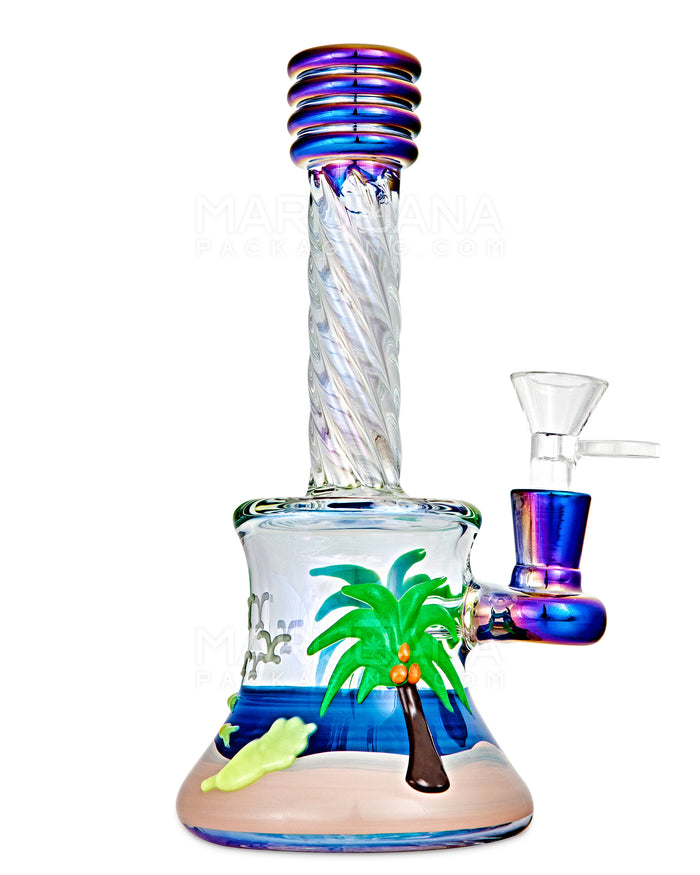 Spiral Neck Diffused Perc Tropical Island Glass Bell Water Pipe | 8in Tall - 14mm Bowl - Iridescent Image