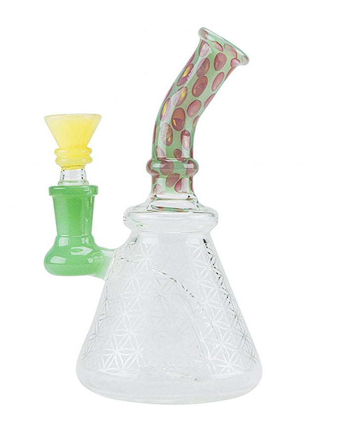 Bent Neck Speckled Frosted Glass Beaker Water Pipe | 6.5in Tall - 14mm Bowl - Mixed Image