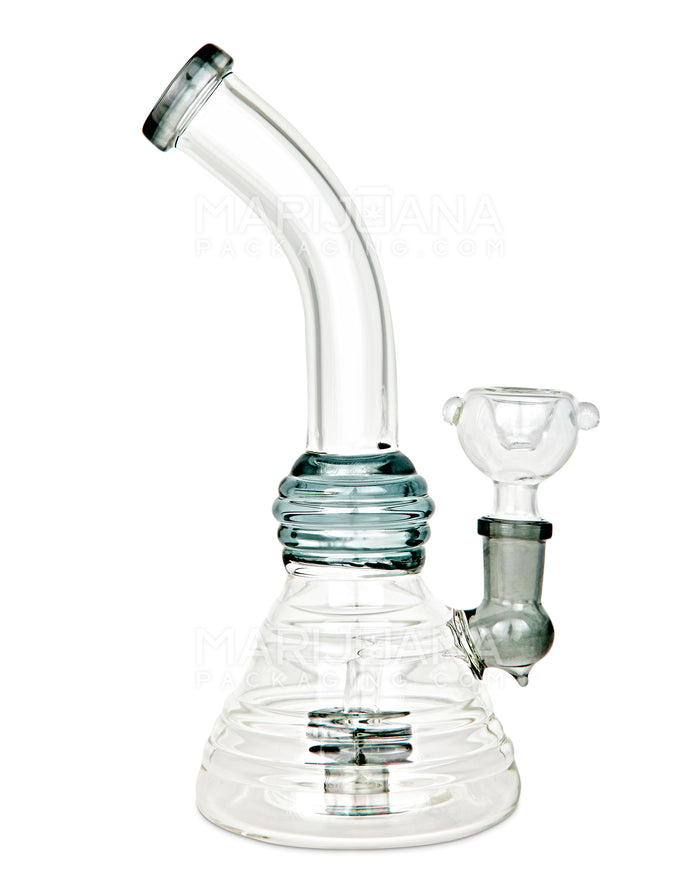 Bent Neck Showerhead Perc Glass Ribbed Beaker Water Pipe | 8in Tall - 14mm Bowl - Smoke Image