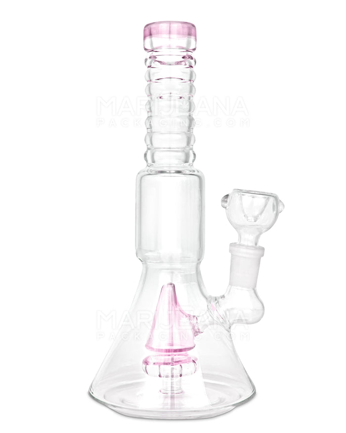 Ribbed Neck Showerhead Perc Glass Beaker Water Pipe | 8.5in Tall - 14mm Bowl - Pink Image