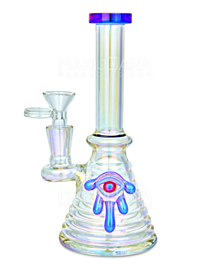 Straight Neck Diffused Perc Glass Ribbed Beaker Water Pipe w/ Purple Evil Eye | 7.5in Tall - 14mm Bowl - Iridescent Image