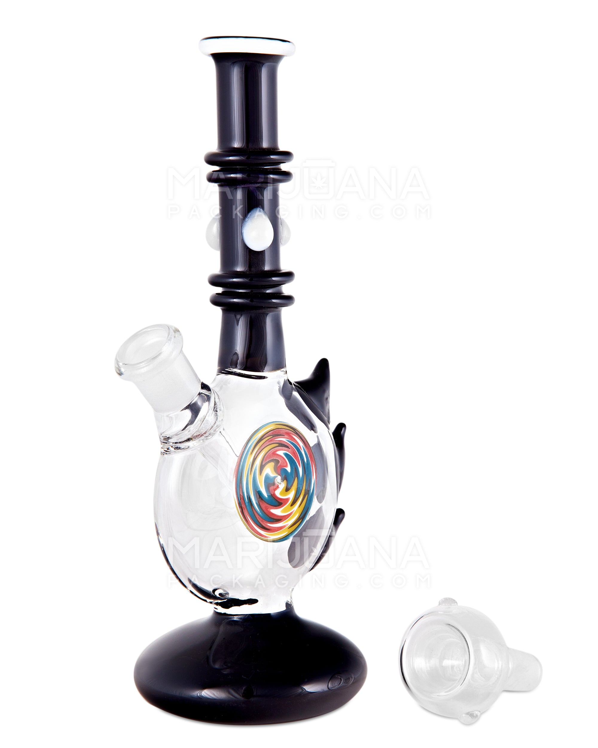 Straight Neck Wig Wag Circular Flask Glass Water Pipe w/ Triple Spikes | 8in Tall - 14mm Bowl - Black - 2