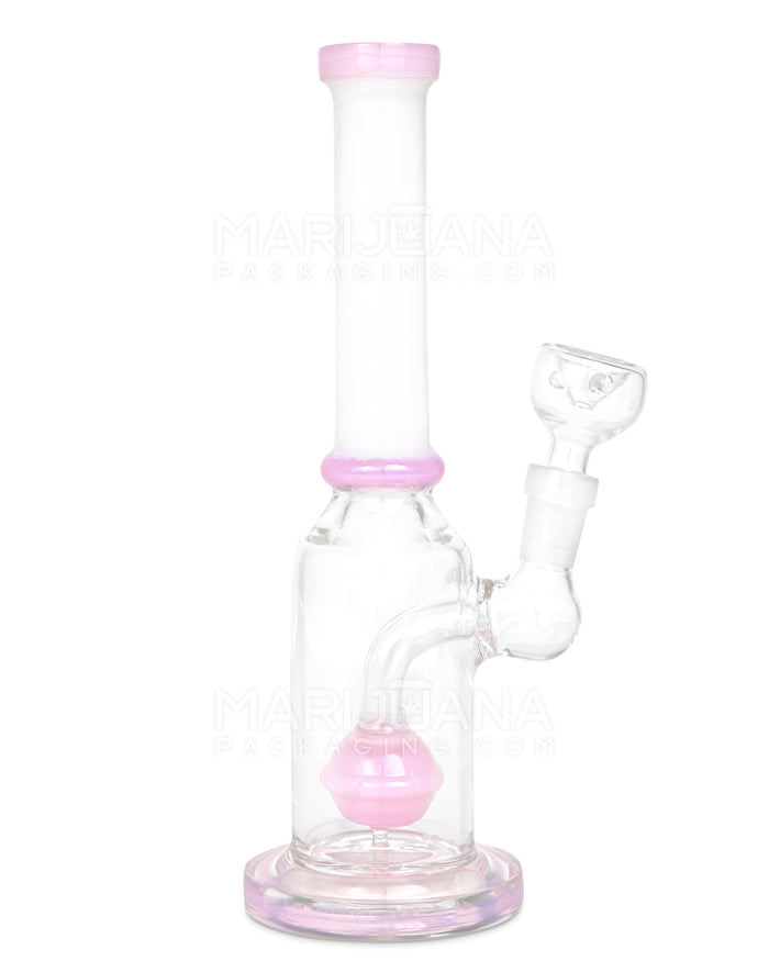 Straight Neck Orb Percolator Glass Straight Water Pipe w/ Thick Base | 10in Tall - 14mm Bowl - Milky Pink & White Image