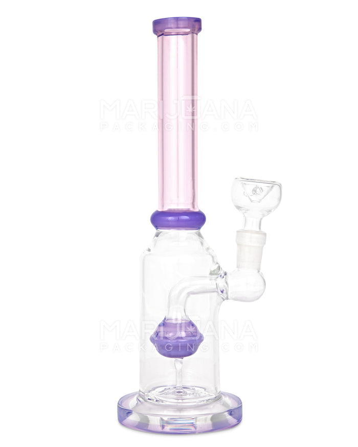 Straight Neck Orb Percolator Glass Straight Water Pipe w/ Thick Base | 10in Tall - 14mm Bowl - Milky Purple & Pink Image