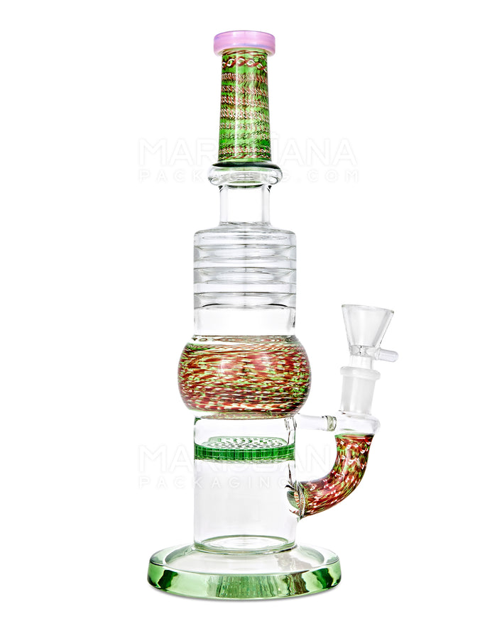 Straight Neck Honeycomb Perc Zanfirico Glass Water Pipe w/ Ice Catcher | 11in Tall - 14mm Bowl - Mixed Image