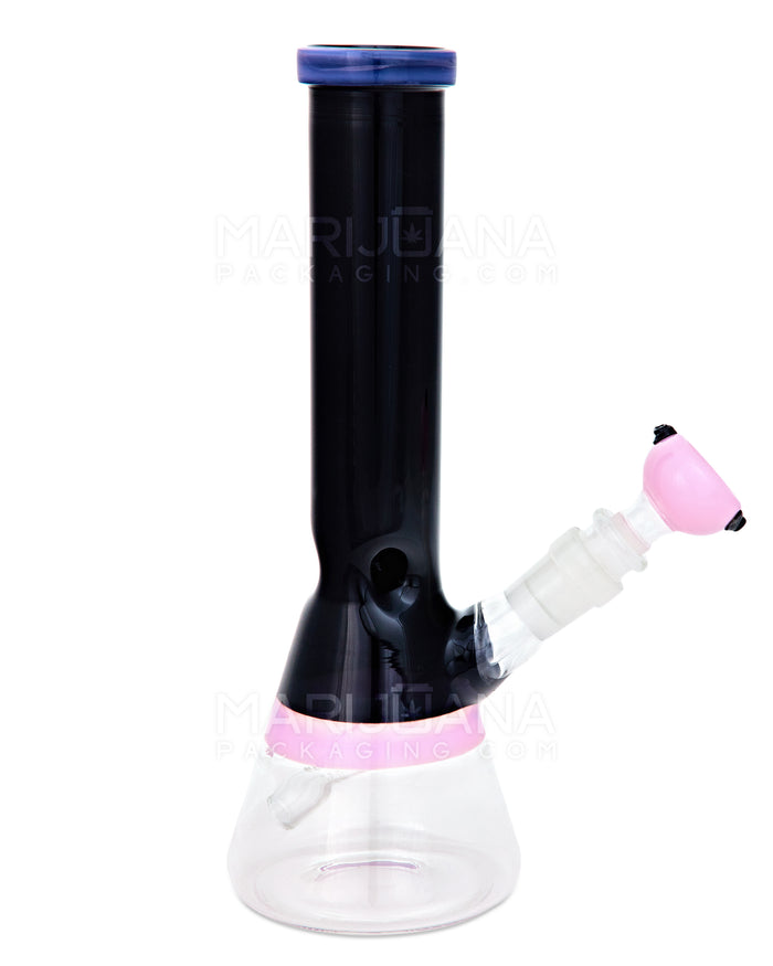 Painted Straight Neck Diffused Downstem Glass Beaker Water Pipe | 10in Tall - 14mm Bowl - Pink & Black Image