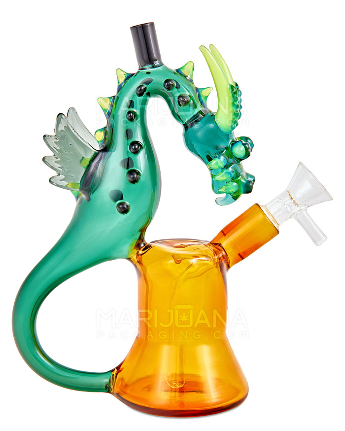 Heady | USA Glass Winged & Horned Glass Dragon Water Pipe w/ Multi Knockers | 7.5in Tall - 14mm Bowl - Teal & Amber Image