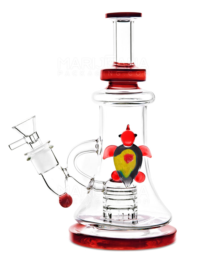 Straight Neck Showerhead Perc Glass Recycler Beaker Water Pipe w/ Glass Turtle & Thick Base | 8.5in Tall - 14mm Bowl - Red Image