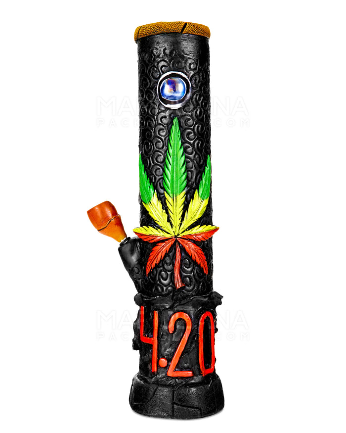 Straight Neck 420 Rasta Leaf Painted Wood Water Pipe w/ Iridescent Marble | 12in Tall - Wood Bowl - Rasta Image