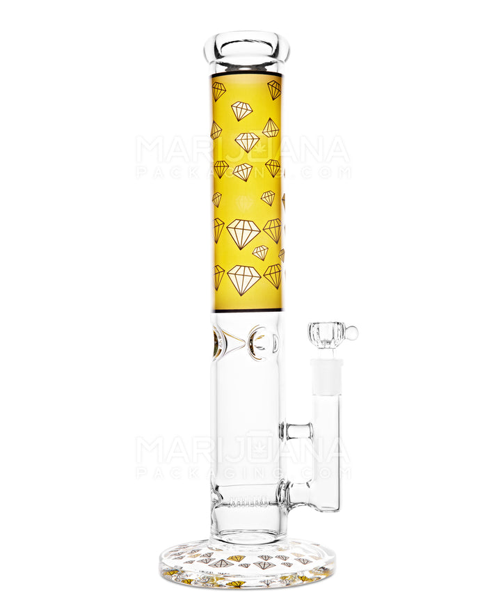 Straight Neck Diamond Decal Inline Perc Glass Water Pipe w/ Ice Catcher | 14in Tall - 14mm Bowl - Yellow Image