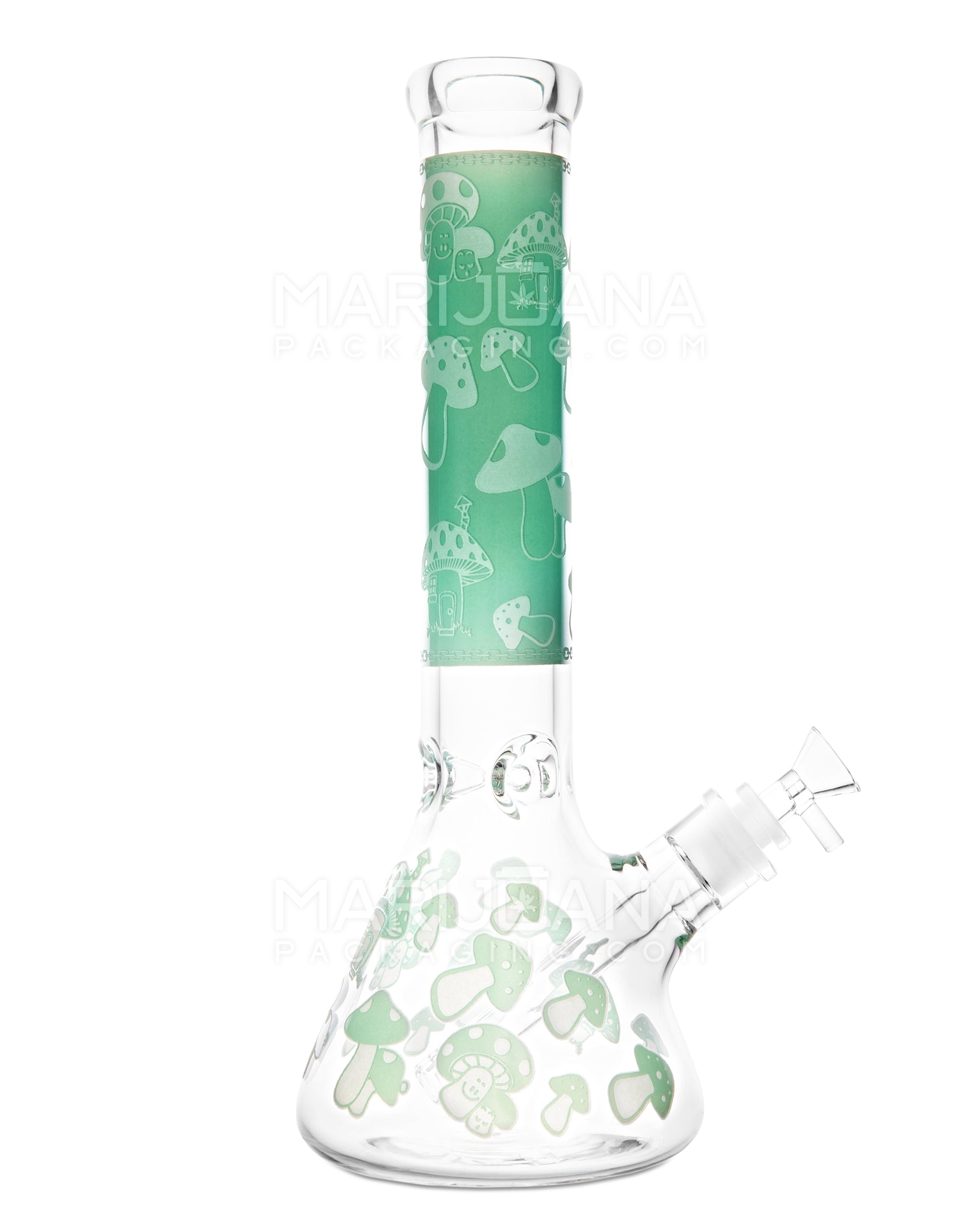 Straight Neck Mushroom Decal Glass Beaker Water Pipe w/ Ice Catcher | 14in Tall - 18mm Bowl - Jade - 1