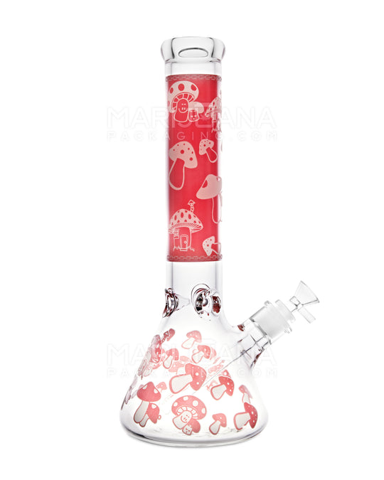 Straight Neck Mushroom Decal Glass Beaker Water Pipe w/ Ice Catcher | 14in Tall - 14mm Bowl - Red