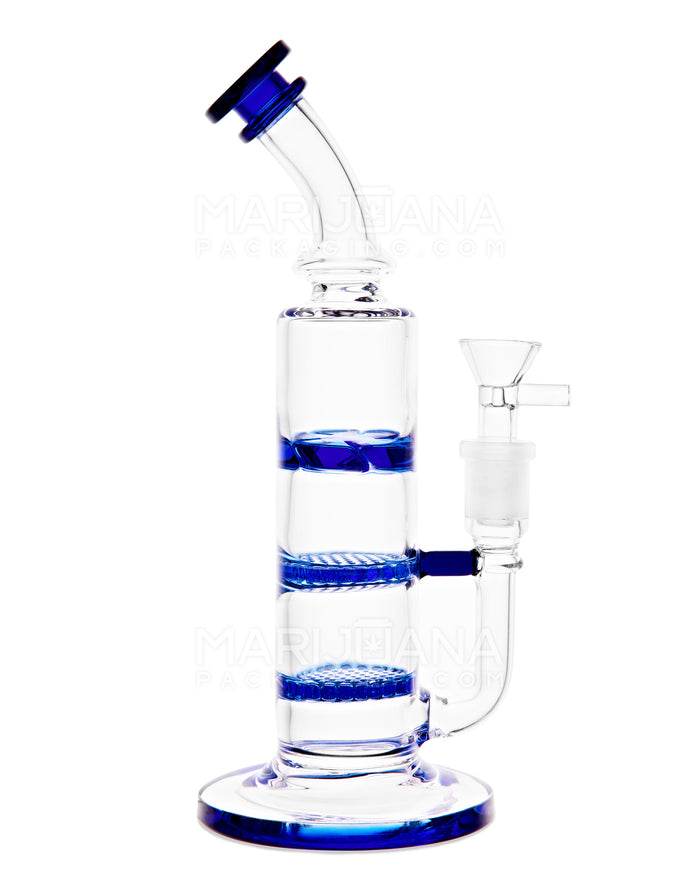 Bent Neck Triple Honeycomb Perc Glass Water Pipe w/ Thick Base | 9.5in Tall - 14mm Bowl - Blue Image