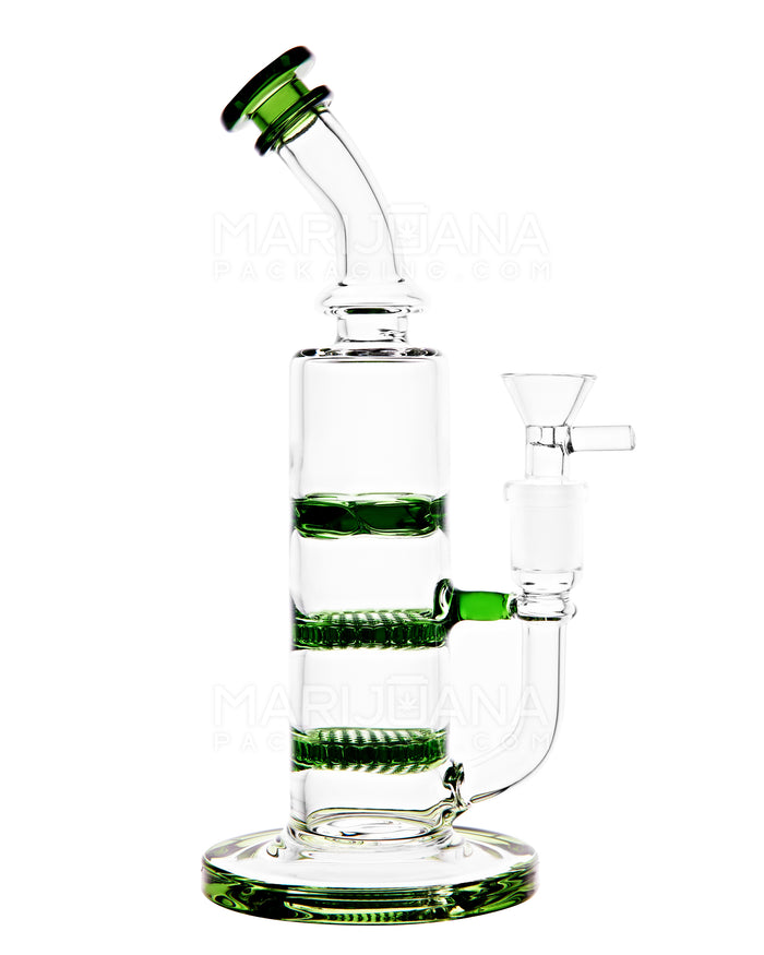 Bent Neck Triple Honeycomb Perc Glass Water Pipe w/ Thick Base | 9.5in Tall - 14mm Bowl - Green Image