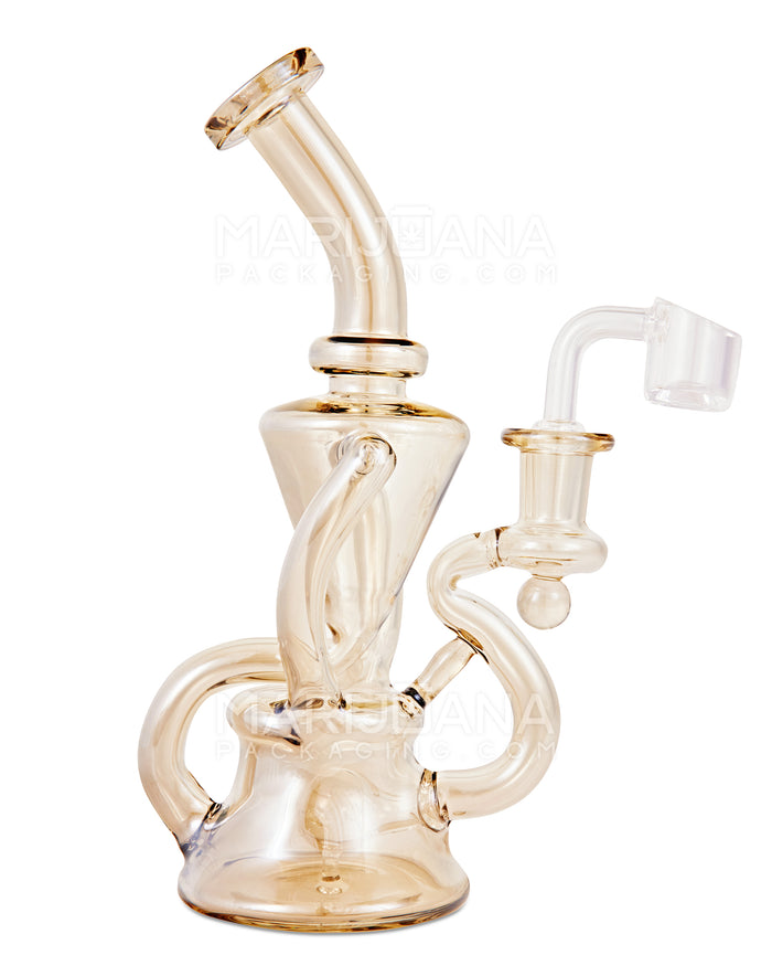 Bent Neck Iridescent Recycler Glass Bell Water Pipe | 8.5in Tall - 14mm Banger - Smoke Image