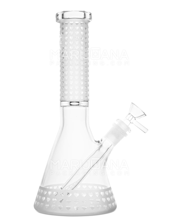 Straight Neck Sandblasted Hearts Decal Glass Beaker Water Pipe | 10.5in Tall - 14mm Bowl - Clear Image