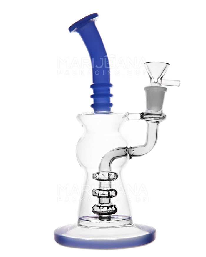 Bent Neck Ringed Triple Matrix Perc Glass Water Pipe w/ Thick Base | 8.5in Tall - 14mm Bowl - Blue Image