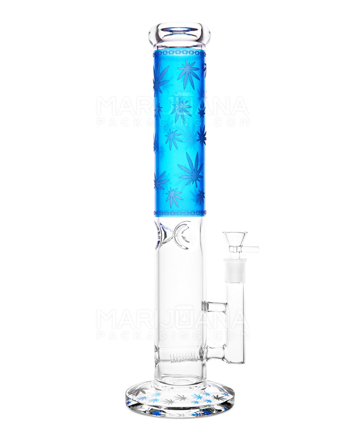 Straight Neck Leaf Decal Inline Perc Glass Water Pipe w/ Ice Catcher | 14in Tall - 14mm Bowl - Blue Image