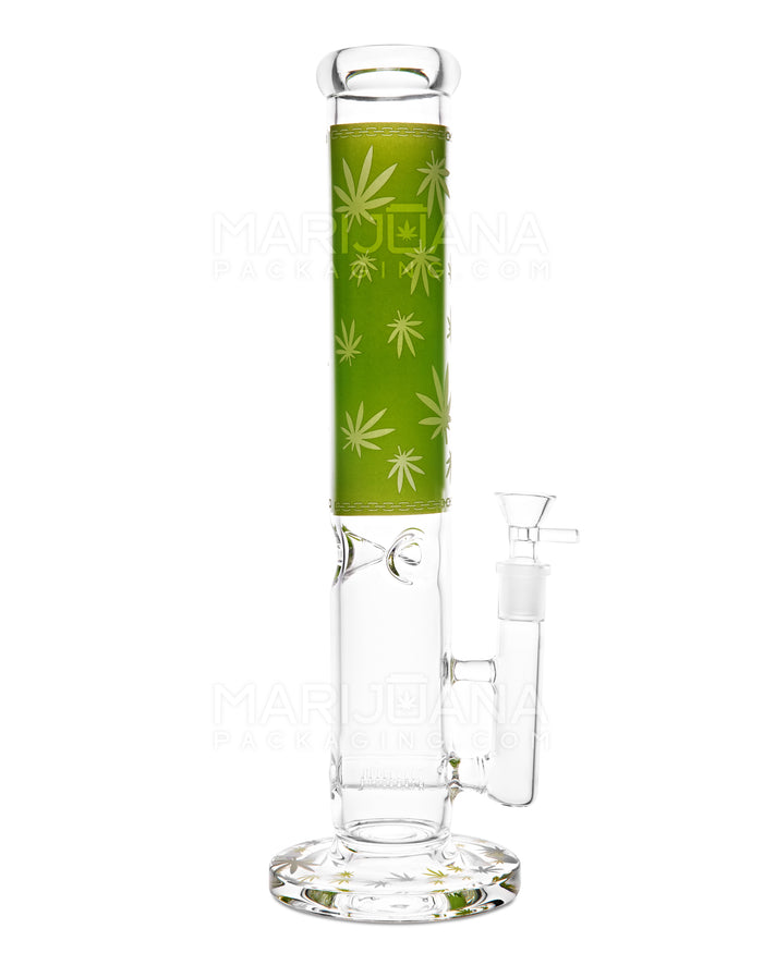 Straight Neck Leaf Decal Inline Perc Glass Water Pipe w/ Ice Catcher | 14in Tall - 14mm Bowl - Green Image