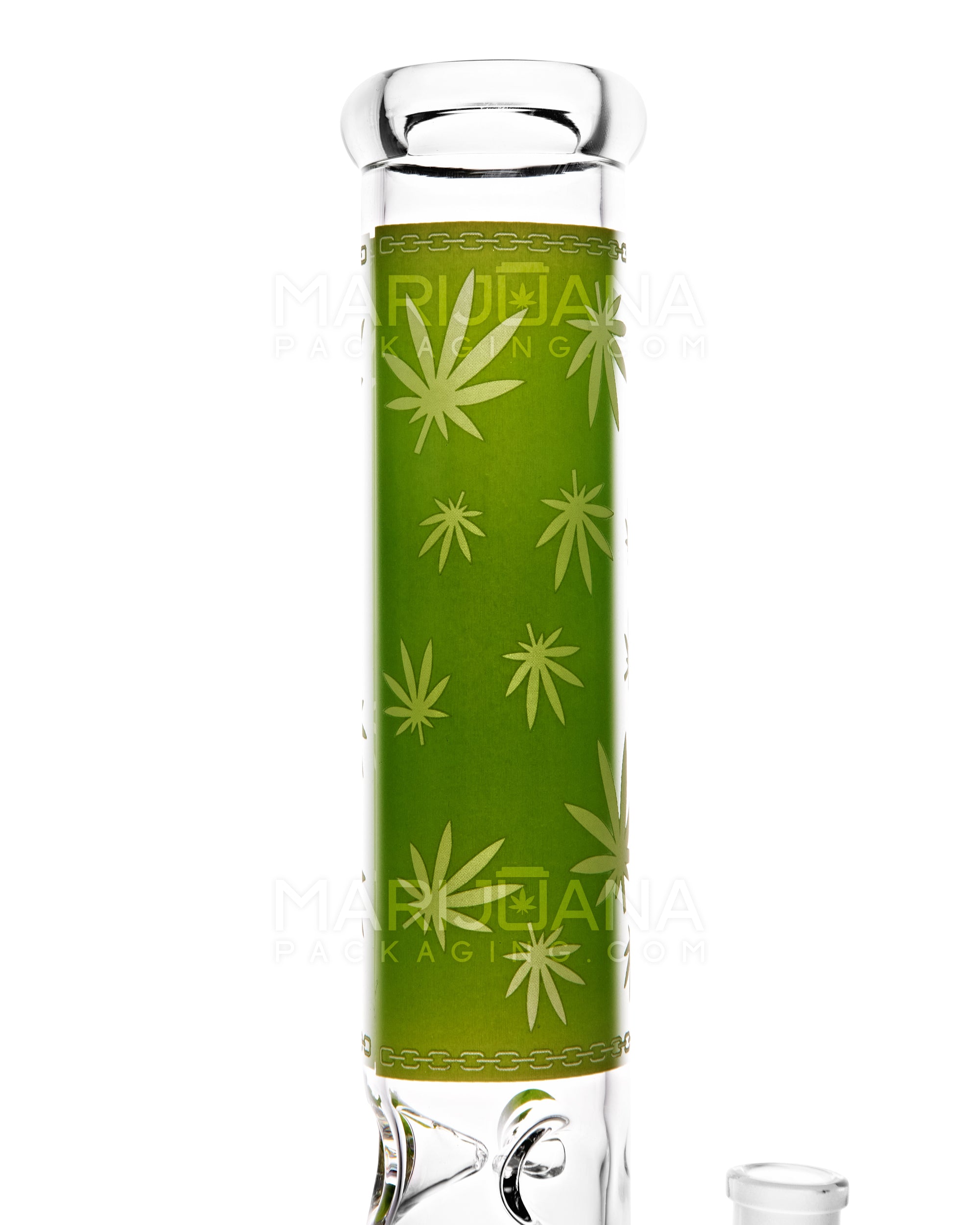 Straight Neck Leaf Decal Inline Perc Glass Water Pipe w/ Ice Catcher | 14in Tall - 14mm Bowl - Green - 4