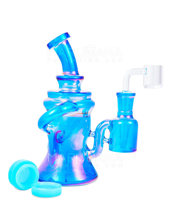 Bent Neck Iridescent Recycler Glass Dab Rig w/ Silicone Claim Catcher | 7in Tall - 14mm Banger - Blue Image