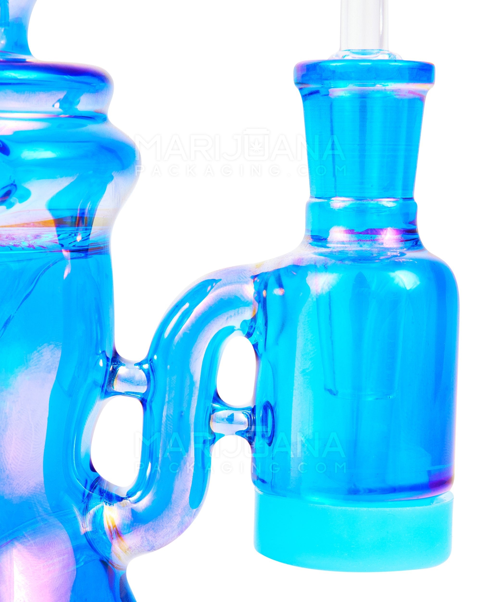 Bent Neck Iridescent Recycler Glass Dab Rig w/ Silicone Claim Catcher | 7in Tall - 14mm Banger - Blue - 5