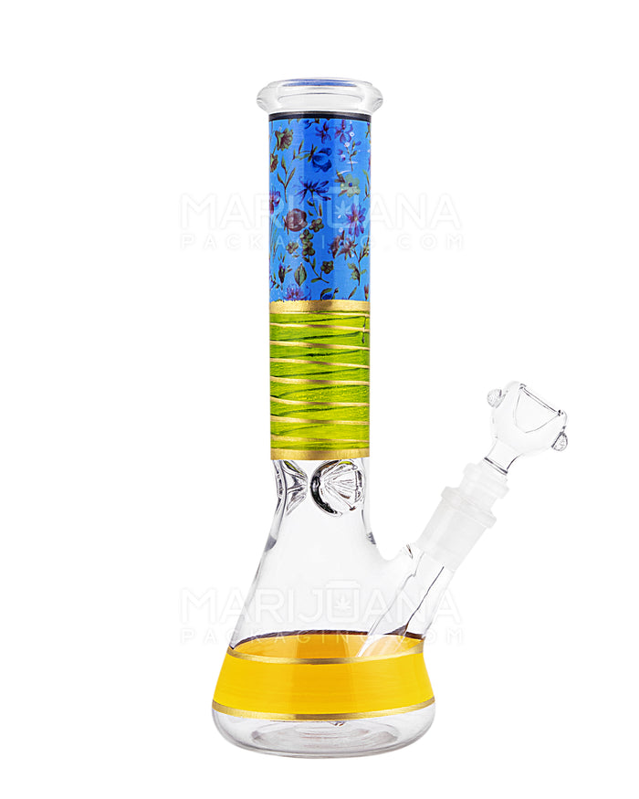 Floral Print Straight Neck Glass Beaker Water Pipe w/ Ice Catcher | 10.5in Tall - 14mm Bowl - Blue Image