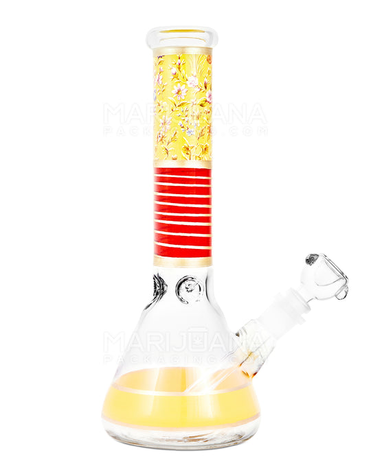 Floral Print Straight Neck Glass Beaker Water Pipe w/ Ice Catcher | 10.5in Tall - 14mm Bowl - Yellow - 1