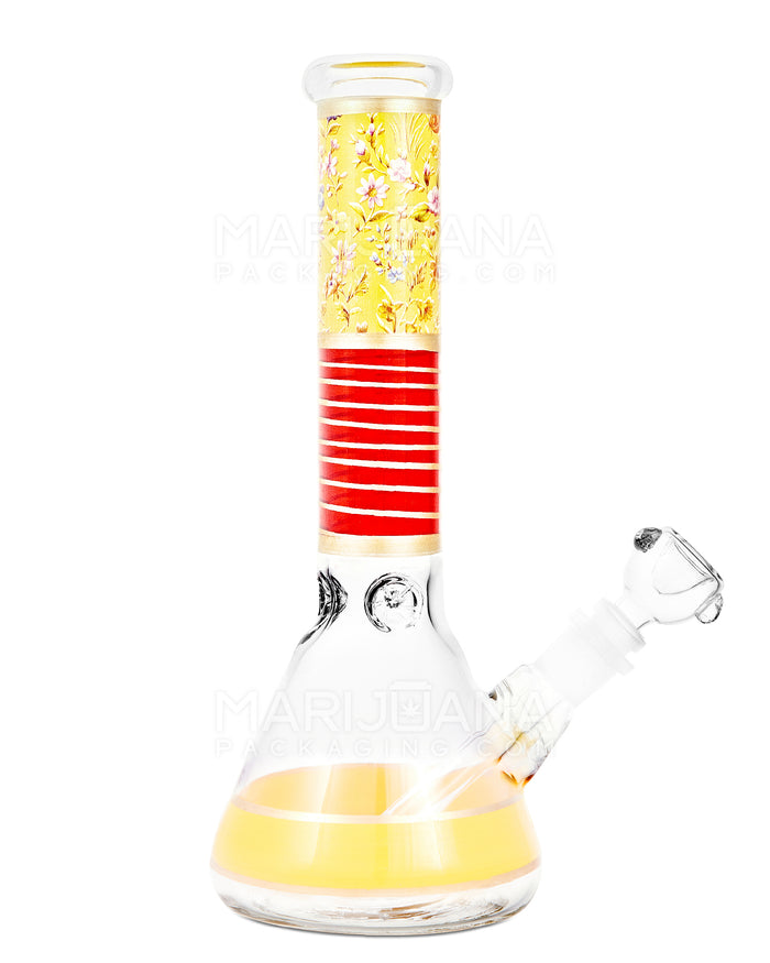 Floral Print Straight Neck Glass Beaker Water Pipe w/ Ice Catcher | 10.5in Tall - 14mm Bowl - Yellow Image