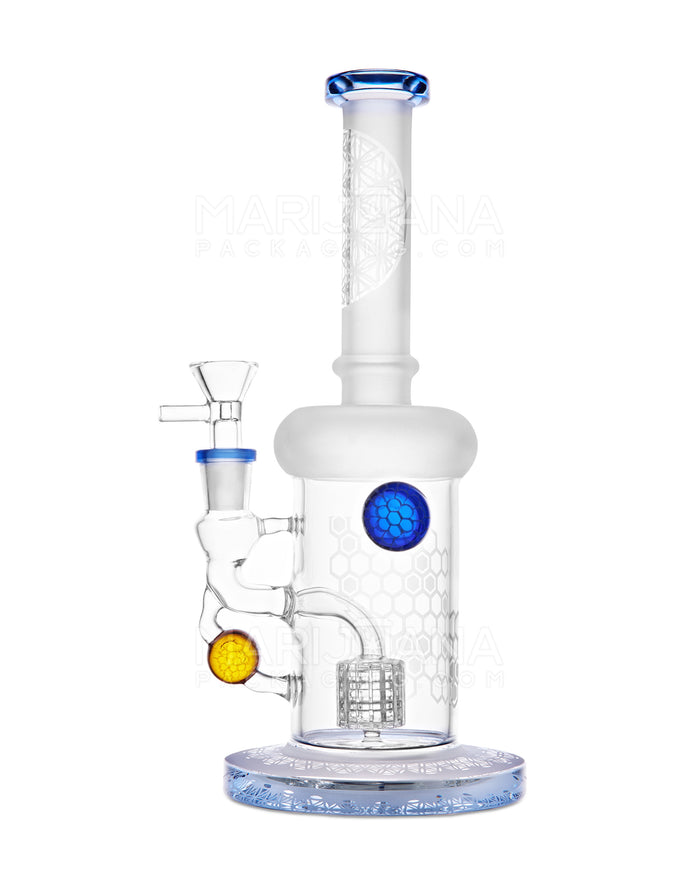 USA Glass | Straight Neck Matrix Perc Sandblasted Glass Water Pipe w/ Implosion Marbles | 11in Tall - 14mm Bowl - Blue Image